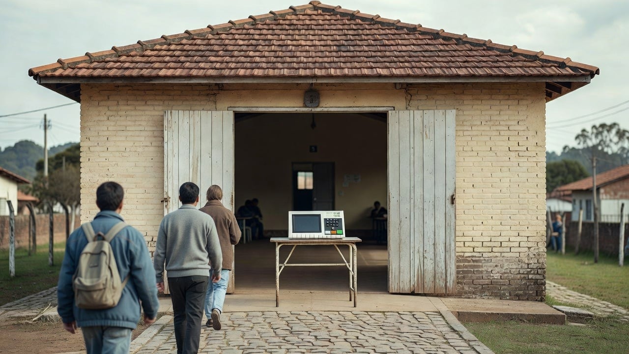 Ilustração do Bairrista sobre: Exterior of a small-town Brazilian gymnasium in soft daylight with a few people walking toward the entrance, an electronic voting machine vi