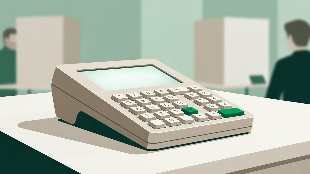 Ilustração do Bairrista sobre: Symbolic, non-literal editorial illustration (no reenactment of the event, no people): Close-up of a beige electronic voting terminal with a