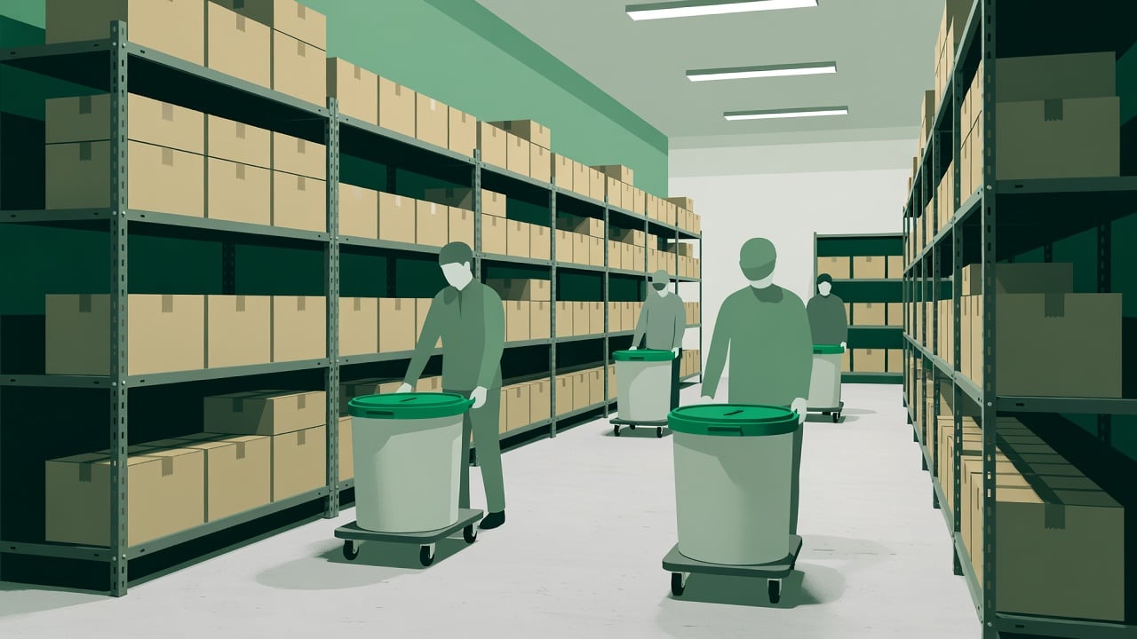 Ilustração do Bairrista sobre: Symbolic, non-literal editorial illustration (no reenactment of the event, no people): Interior of a bright, orderly storage hall with tall