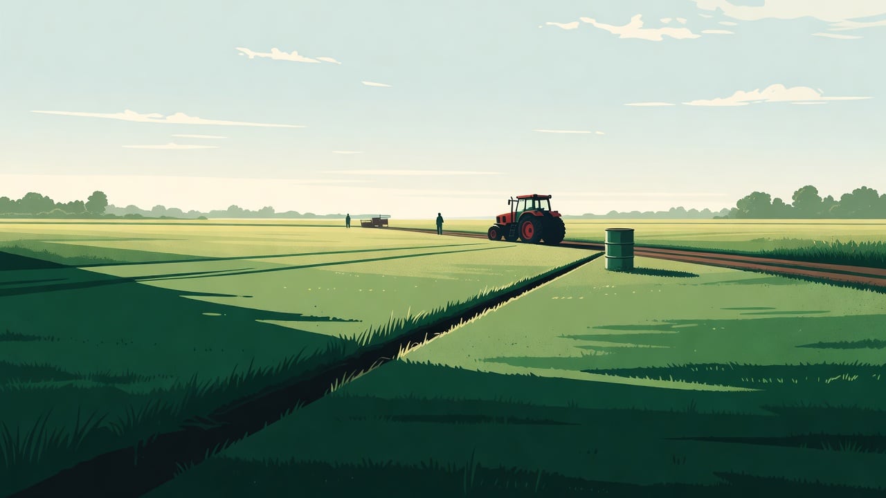 Ilustração do Bairrista sobre: Symbolic, non-literal editorial illustration (no reenactment of the event, no people): A wide, sun-washed farm field at golden hour, with a