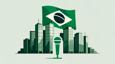 Ilustração: skyline estilizado de torres de vidro de prédios altos de uma grande cidade