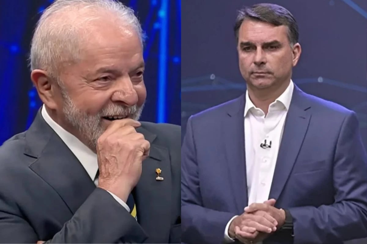 Montagem com imagens de Lula (à esquerda) e Flávio Bolsonaro (à direita) após o debate da Band.