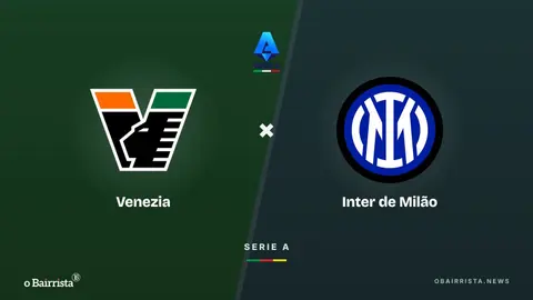 Arte: escudos e identificação de Venezia e Inter de Milão sobre fundo com a identidade visual do jogo