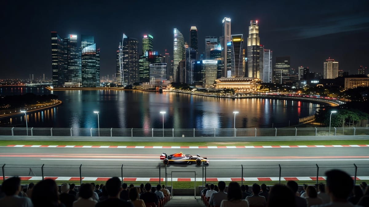 Ilustração: carros de Fórmula 1 em disputa no circuito de rua de Marina Bay, em Singapura, tema do GP vencido por Verstappen