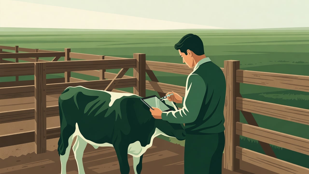 Ilustração do Bairrista sobre: A veterinarian in a rural cattle handling pen on a Rio Grande do Sul farm vaccinating a young heifer, with a tablet held in the other hand,