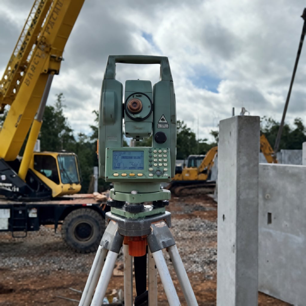 Equipamento de topografia sobre tripé em canteiro de obras, com guindaste e concreto ao fundo.