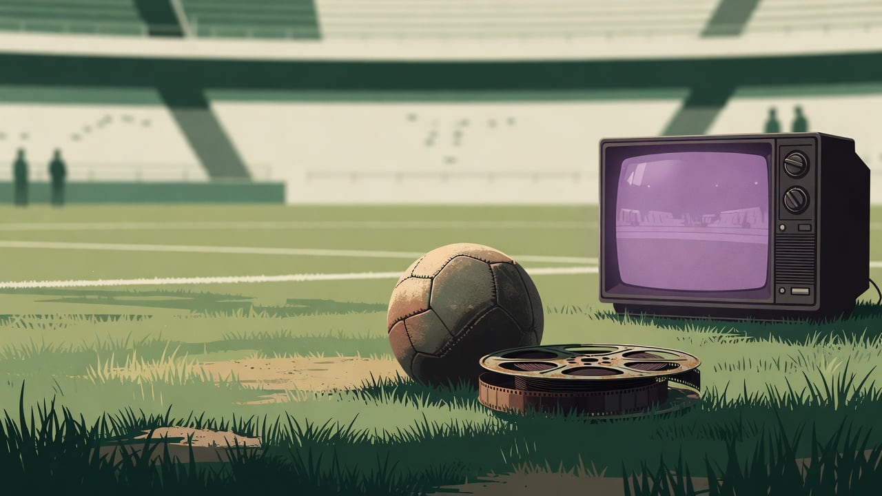 Ilustração do Bairrista sobre: Symbolic, non-literal editorial illustration (no reenactment of the event, no people): A worn leather football resting on dry grass of a sun