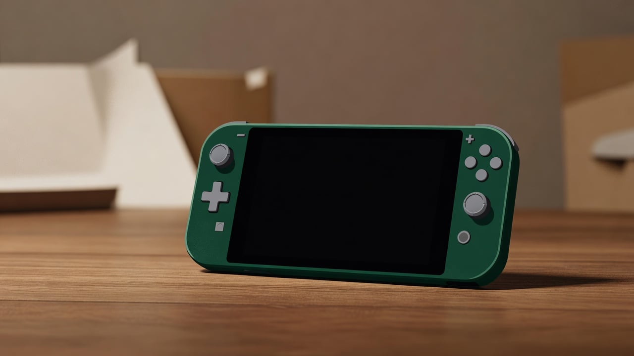 Ilustração do Bairrista sobre: Symbolic, non-literal editorial illustration (no reenactment of the event, no people): A handheld gaming console with a dark screen resting