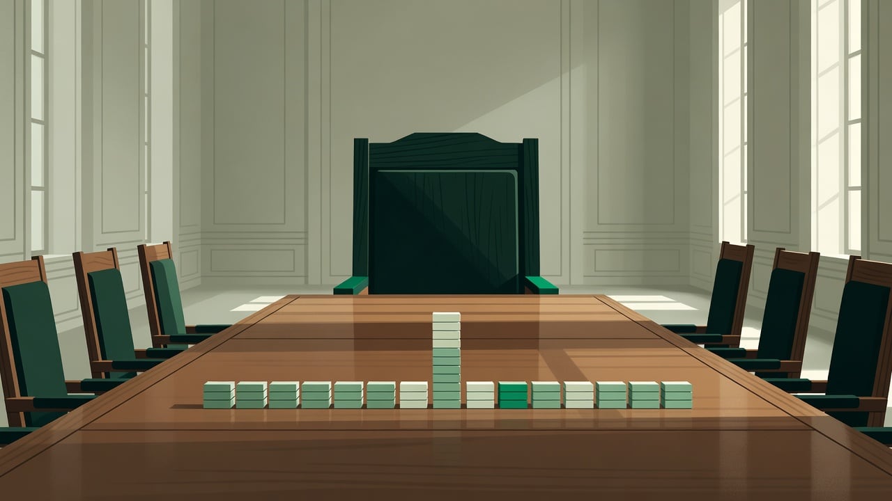 Ilustração do Bairrista sobre: Symbolic, non-literal editorial illustration (no reenactment of the event, no people): An empty wooden chair at the head of a long conferenc